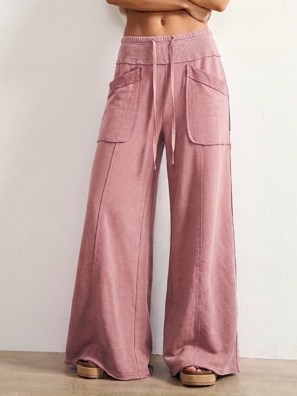 Pink Casual Women's Loose Low Waist Wide Leg Long Pants - Picture 6 of 8